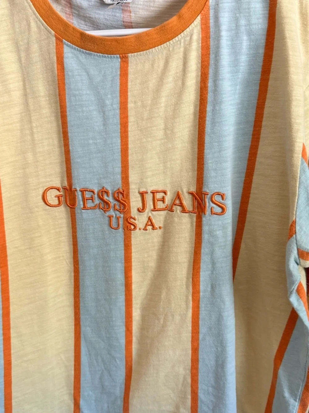 Guess Striped Short-Sleeve Tee in Orange, Light Blue & Cream - Picture 3 of 11